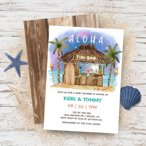 Tiki Beach Bar  Tropical Moon Sea Baby Shower  Invitation