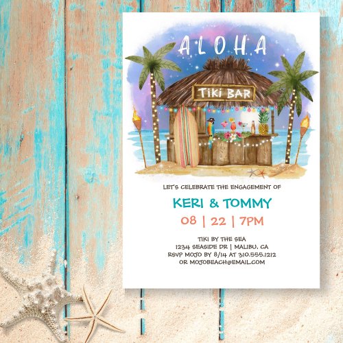 Tiki Beach Bar Tropical Moon Sea Engagement Party Invitation