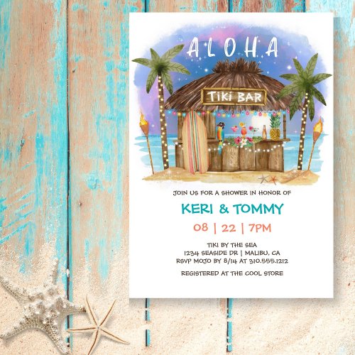 Tiki Beach Bar Tropical Night Sea Couples Shower Invitation