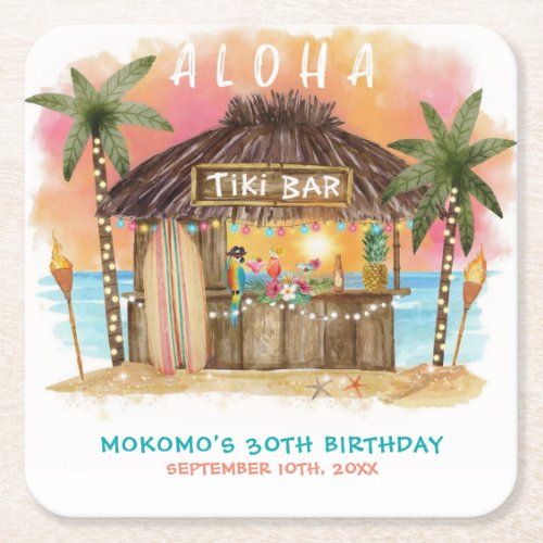 Tiki Beach Bar Tropical Sea Birthday Square Paper Coaster