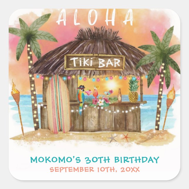 Tiki Beach Bar Tropical Sea Birthday Square Sticker (Front)
