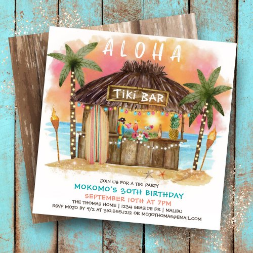 Tiki Beach Bar  Tropical Sea Sunset Birthday  Invitation