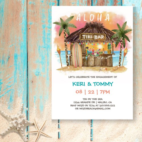 Tiki Beach Bar  Tropical Sunset Engagement Party Invitation