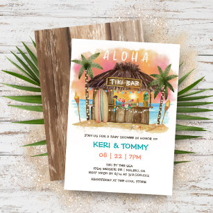 Tiki Beach Bar   Tropical Sunset Sea Baby Shower Invitation