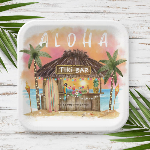 Tiki Beach Bar Tropical Surf  Sea Baby Shower Paper Plates