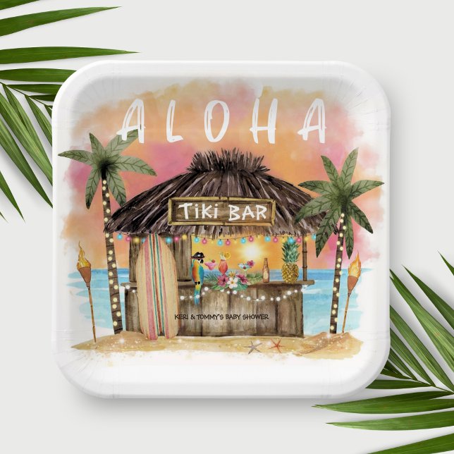 Tiki Beach Bar Tropical Surf & Sea Baby Shower Paper Plates (Creator Uploaded)