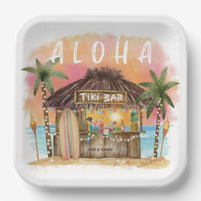Tiki Beach Bar Tropical Surf & Sea   Paper Plates (Front)