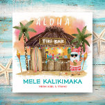 Tiki Beach Tropical Sunset Mele Kalikimaka Santa Holiday Card<br><div class="desc">Tropical Christmas card features Santa enjoying a vacation at a Tiki bar on the beach at sunset with palm trees, holiday string lights and Hawaiian "Aloha" and "Mele Kalikimaka" greetings. Tropical cocktails, a pineapple, hibiscus and palm leaves, a surfboard and a parrot in a pirate hat decorate the bar area....</div>