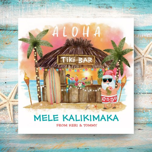 Tiki Beach Tropical Sunset Mele Kalikimaka Santa Holiday Card