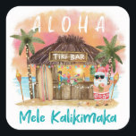 Tiki Beach Tropical Sunset Mele Kalikimaka Santa Square Sticker<br><div class="desc">Tropical Christmas stickers (or envelope seals) feature Santa enjoying a vacation at a Tiki bar on the beach at sunset with palm trees, holiday string lights and Hawaiian "Aloha" and "Mele Kalikimaka" greetings. Tropical cocktails, a pineapple, hibiscus and palm leaves, a surfboard and a parrot in a pirate hat decorate...</div>