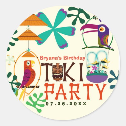 Tiki Birds Birthday Party Vintage Luau Favor Classic Round Sticker