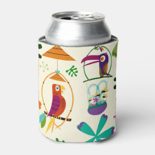 Tiki Birds Modern Vintage Retro Tropical Luau Can Cooler