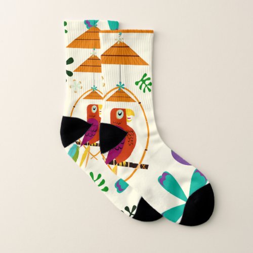 Tiki Birds Modern Vintage Retro Tropical Whimsical Socks