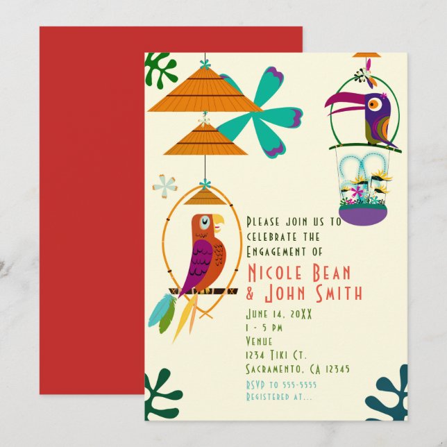 Tiki Birds Retro Vintage Luau Party Invitations (Front/Back)
