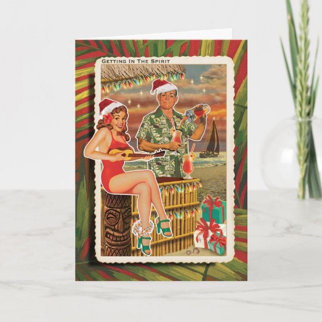 Tiki Couple Tropical Beach Christmas Cards (Front)