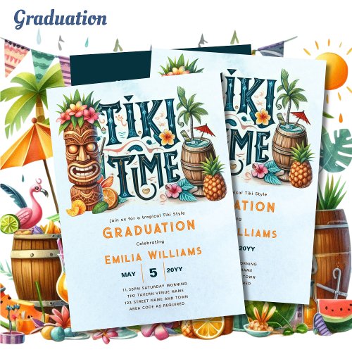 TIKI GRADUATION Tropical Luau Hawaiian Party Invitation