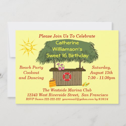 Tiki Hut Bar Cookout Beach Pool Party Sweet 16 Invitation