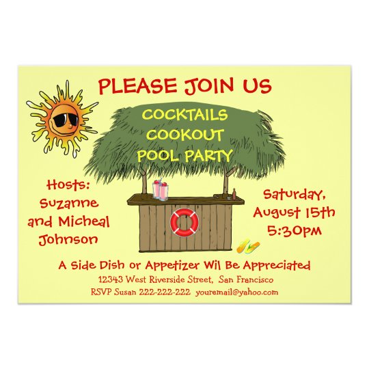 tiki hut cocktail cookout beach or pool party invitation zazzle com