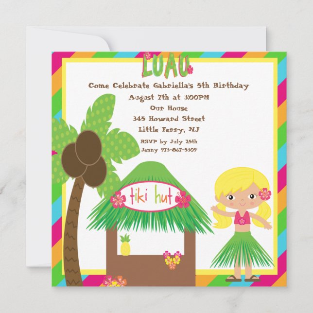 Tiki Hut Luau Square Birthday Invitation (Front)