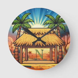 Tiki Hut Mongram Personalized Round Clock