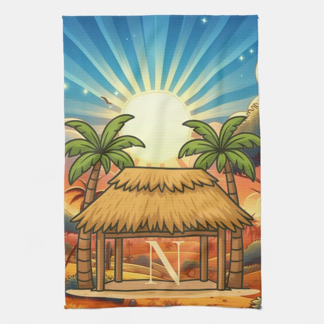 Tiki Hut Sunrise Monogram Personalized  Kitchen Towel (Vertical)