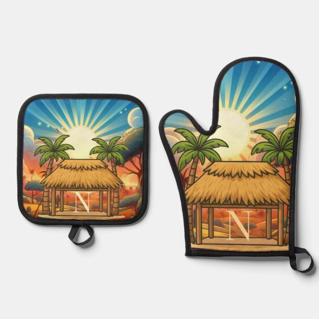 Tiki Hut Sunrise Monogram Personalized  Oven Mitt & Pot Holder Set (Front)