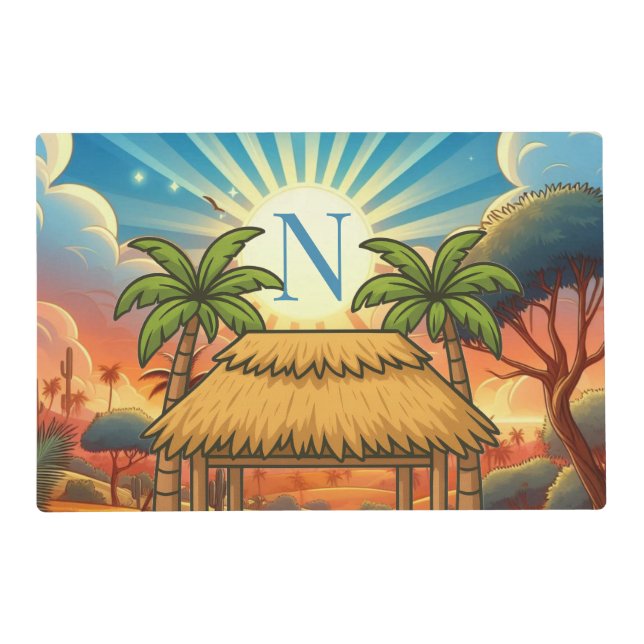 Tiki Hut Sunrise Monogram Personalized  Placemat (Front)