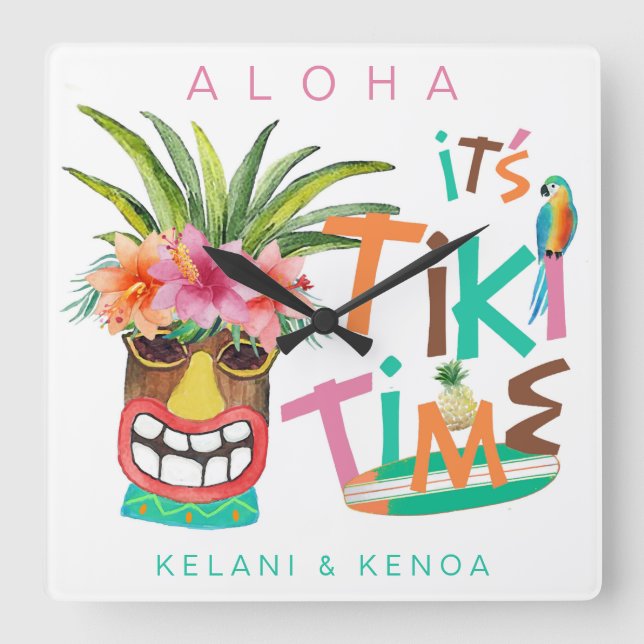 Tiki Luau | Aloha Tropical Beach Tiki Bar Square Wall Clock (Front)