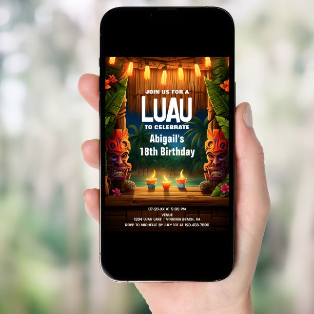 Tiki Luau Hawaiian Tropical Island Beach Birthday Invitation (Front Digital)