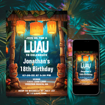 Tiki Luau Hawaiian Tropical Island Beach Birthday Invitation by TheBeachBum at Zazzle