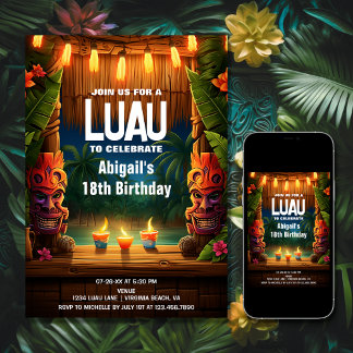 Tiki Luau Hawaiian Tropical Island Beach Birthday Invitation