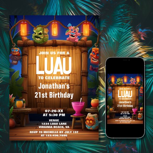Tiki Luau Hawaiian Tropical Island Beach Birthday Invitation