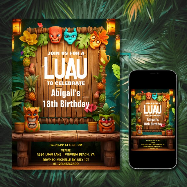 Tiki Luau Hawaiian Tropical Island Beach Birthday Invitation (Printed and Digital - Tiki Luau Hawaiian Tropical Island Beach Birthday Invitation)