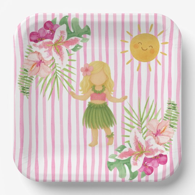 Tiki Luau Party, Hawaii Birthday, Hula Girl  Paper Plates (Front)