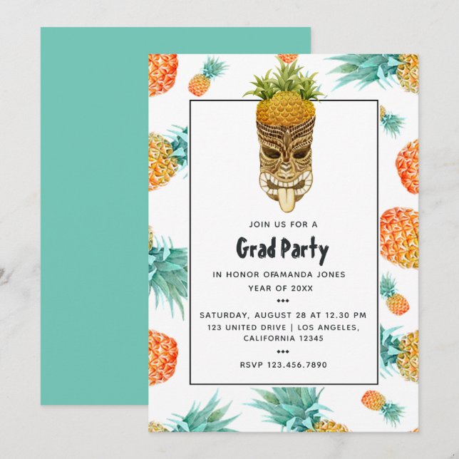 Tiki Luau Summer Pineapple Beach Graduation Party Invitation (Front/Back)