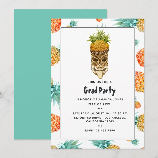 Tiki Luau Summer Pineapple Beach Graduation Party Invitation (Front/Back)