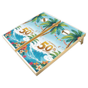 tiki luau tropical beach party cornhole set
