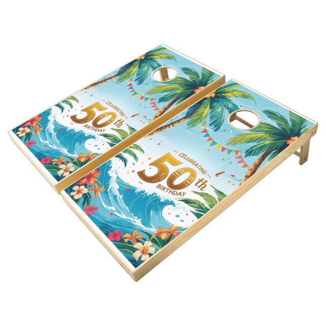 tiki luau tropical beach party cornhole set (Angled)
