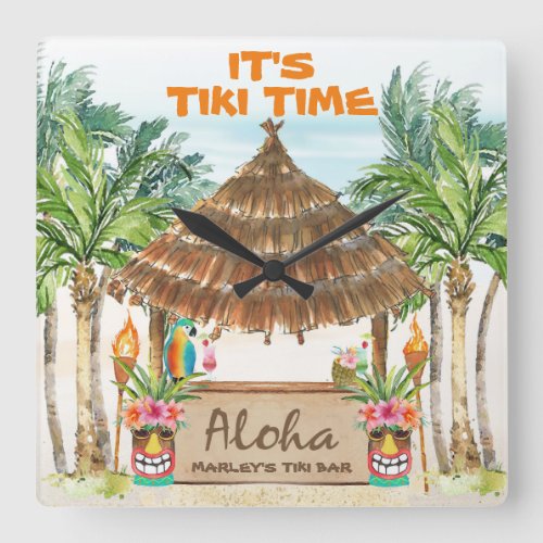 Tiki Luau  Tropical Beach Tiki Bar Aloha Square  Square Wall Clock