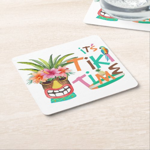 Tiki Luau  Tropical Typography Square Paper Coaster