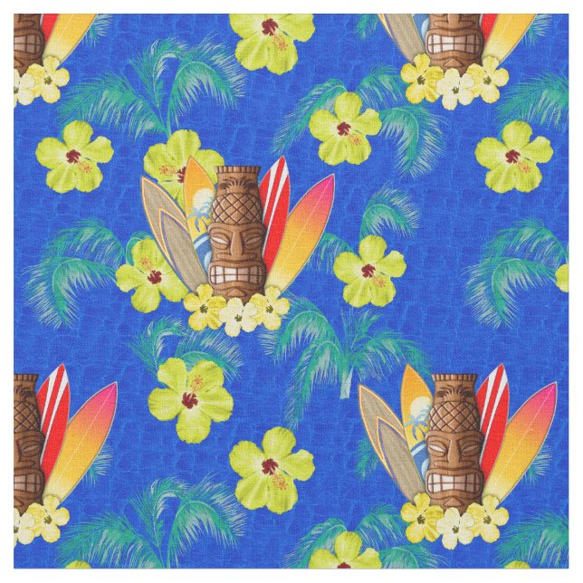 Tiki Mask And Surfboards Fabric (Close Up)