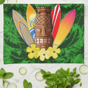 Tiki Mask And Surfboards Kitchen Towel