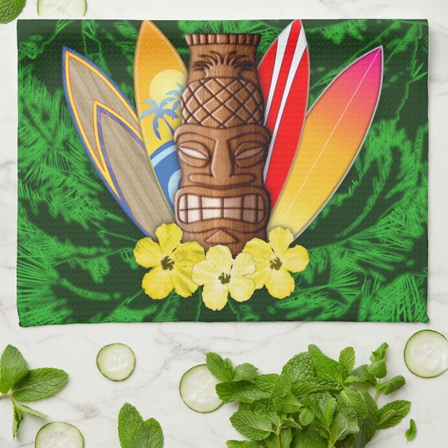 Tiki Mask And Surfboards Kitchen Towel (Folded)