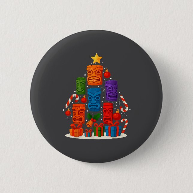 Tiki Mask Luau Christmas Tree Hawaiian Xmas Hat Ha Button (Front)