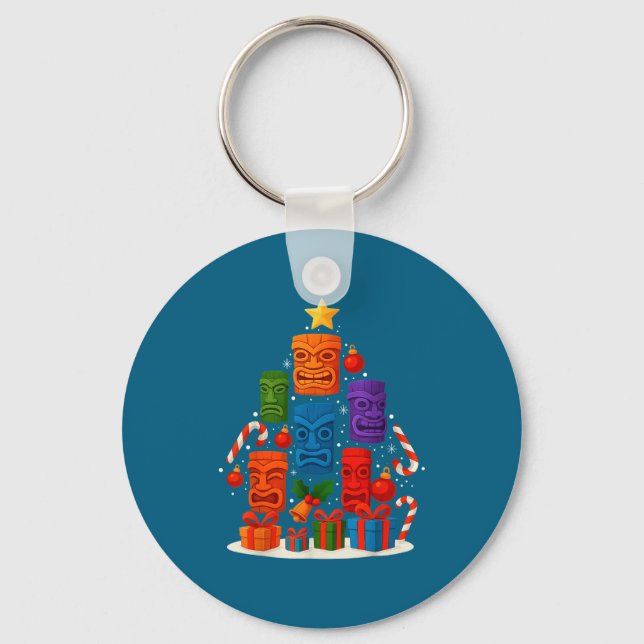 Tiki Mask Luau Christmas Tree Hawaiian Xmas Hat Ha Keychain (Front)
