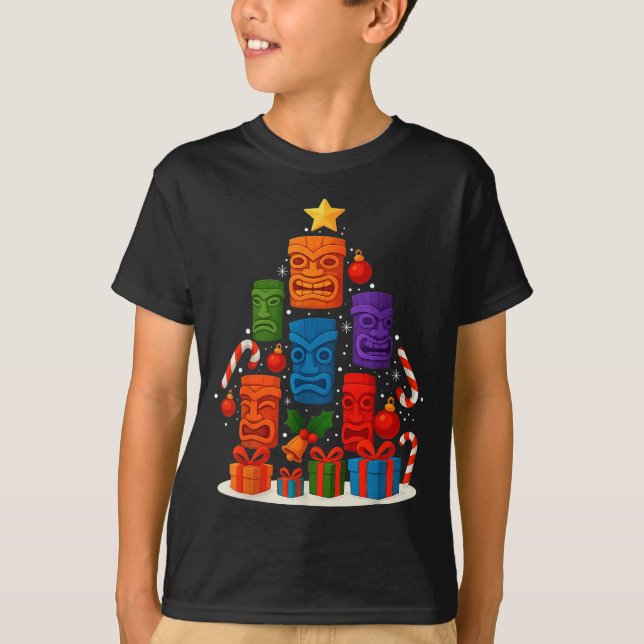 Tiki Mask Luau Christmas Tree Hawaiian Xmas Hat Ha T-Shirt (Front)