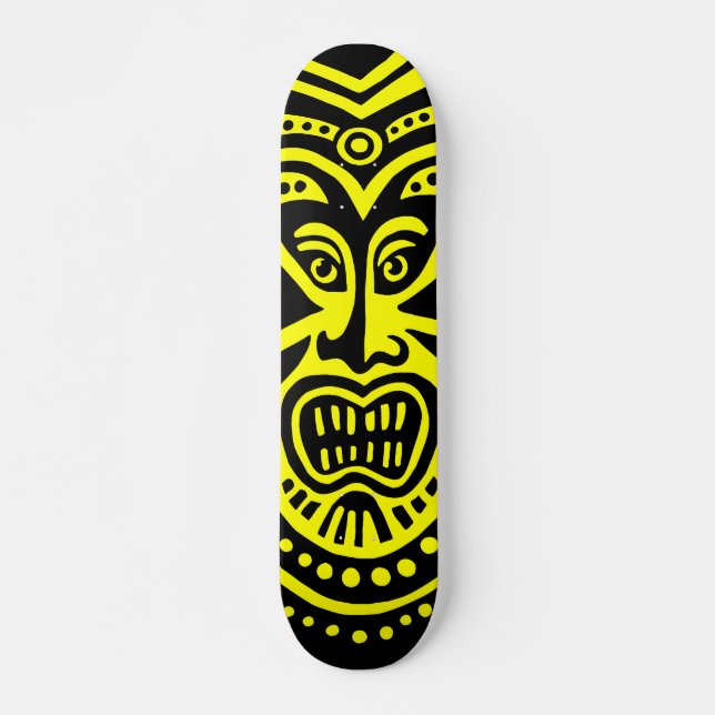Tiki Mask Style - Black on Yellow Skateboard Deck (Front)
