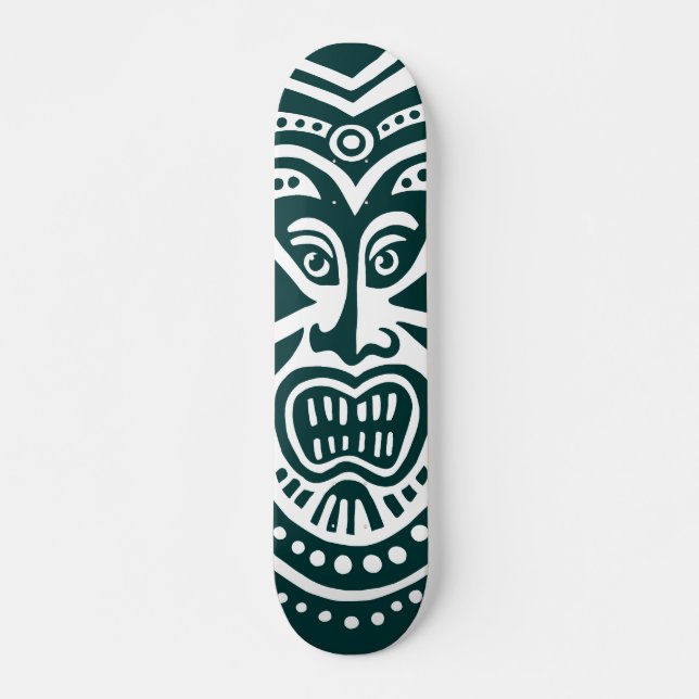 Tiki Mask Style - Dark Green on Wood (Retro) Skateboard (Front)
