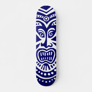 Tiki Mask Style - Navy on Wood Skateboard Deck