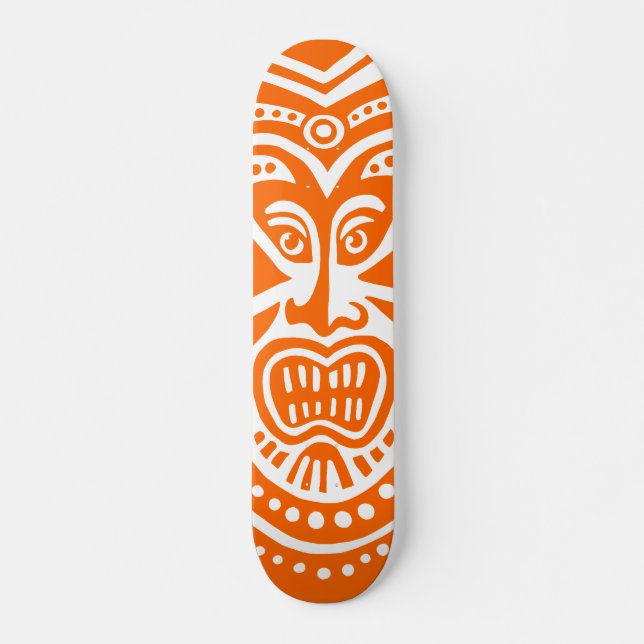Tiki Mask Style - Orange on White Skateboard Deck (Front)